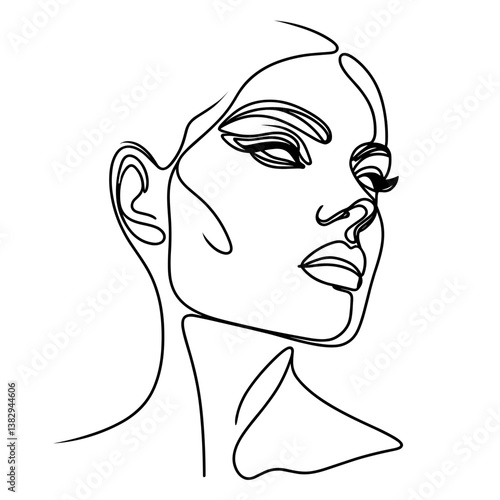 Line drawing of a woman's face alluring with makeup looking aside against a white background