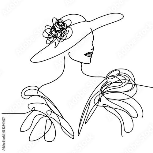 Line drawing of a woman extravagant wearing large hat and ruffles against a white background