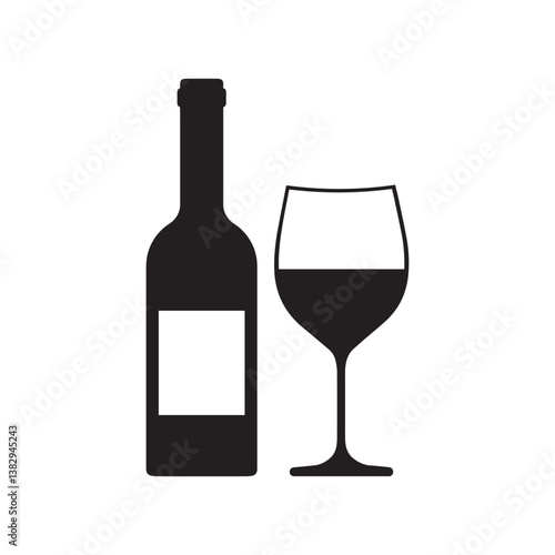 A minimalistic black silhouette of a wine bottle and a wine glass, isolated on a white background