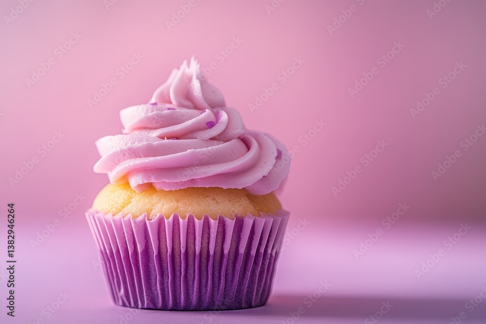 A beautifully decorated cupcake with pink frosting is on display A beautifully decorated cupcake with pink frosting is on display