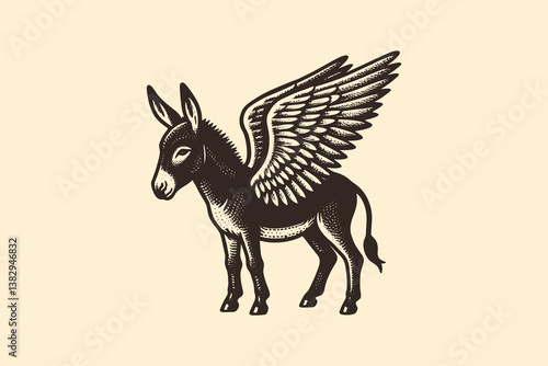 Magic donkey with wings vintage golden monochrome vector sketch