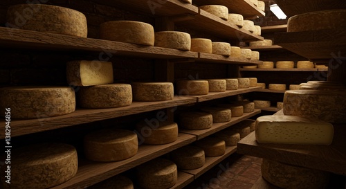 Rows of cheese wheels aging on wooden shelves in a dimly lit storage room with warm lighting