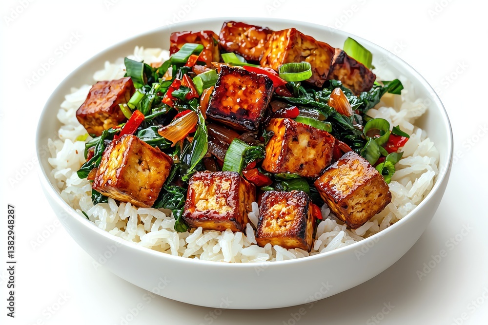 Delicious stir-fried tofu on a bed of fluffy rice, garnished with vibrant vegetables and perfect for healthy eating. Delicious stir-fried tofu on a bed of fluffy rice, garnished with vibrant vegetables and perfect for healthy eating.