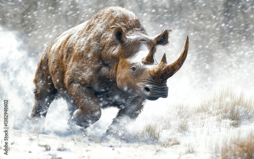 A woolly rhinoceros trudges through deep snow, its thick fur coated with snowflakes, demonstrating the creature's resilience in harsh Ice Age conditions