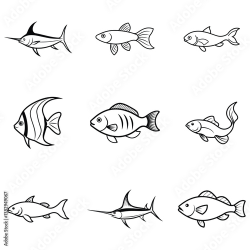 set of fish line art vector illustration design