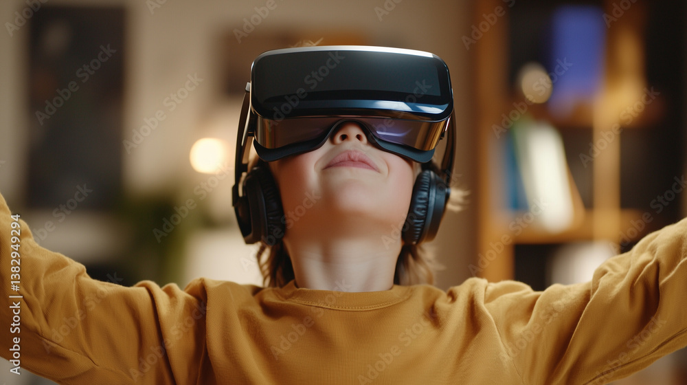 A child wearing AR glasses and headphones, completely immersed in a virtual language learning experience where words and phrases appear in mid-air A child wearing AR glasses and headphones, completely immersed in a virtual language learning experience where words and phrases appear in mid-air