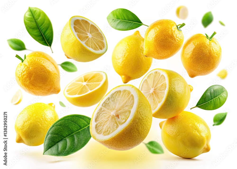 High-resolution, retouched images of flying lemons, isolated on a white background. High-resolution, retouched images of flying lemons, isolated on a white background.