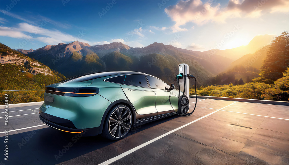 Naklejka premium Eco-Friendly Electric Vehicles – A sleek electric car charger getting charged 
