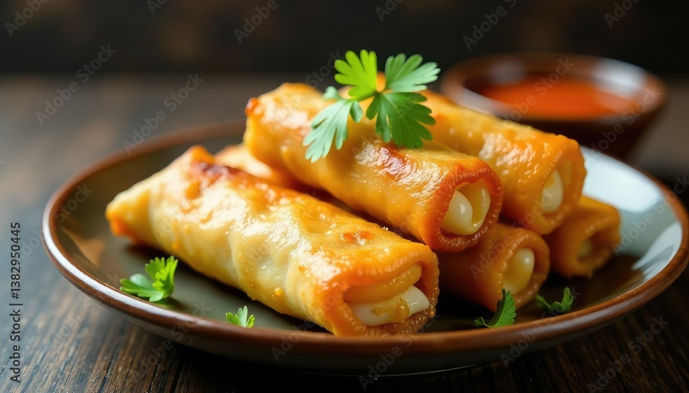 Crispy spring rolls, sweet chili sauce, garnish, crispy, high-res Crispy spring rolls, sweet chili sauce, garnish, crispy, high-res