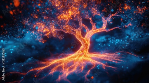Glowing tree roots vibrant energy mystical forest