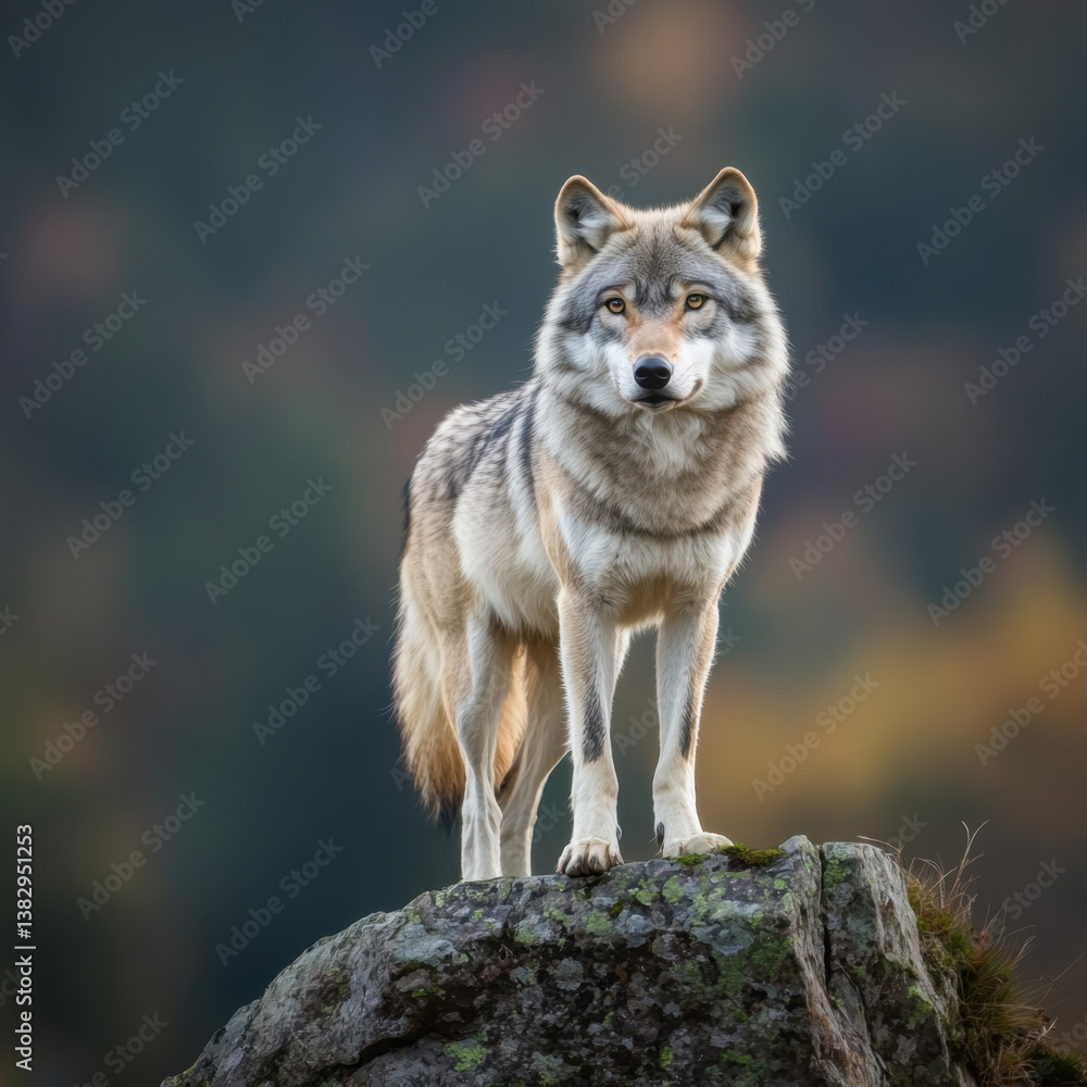 Fototapeta premium majestic wolf stands confidently on rocky cliff, showcasing its striking features and alert expression. background is softly blurred, enhancing wolf presence in this serene natural setting