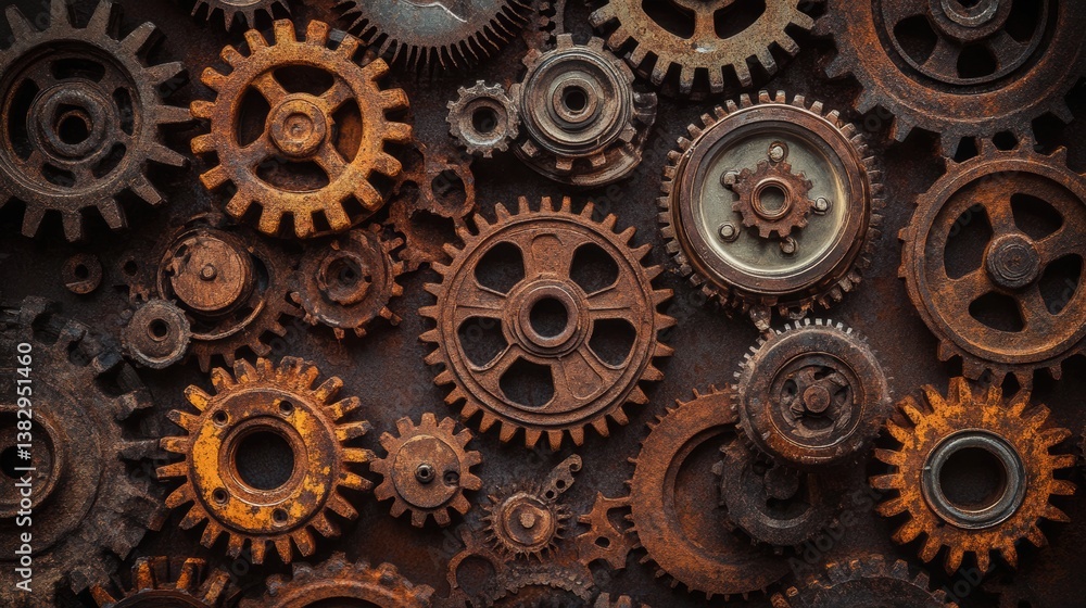 A collection of old, rusty gears of various sizes. A collection of old, rusty gears of various sizes.