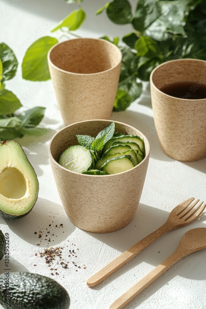 Sustainable food packaging with organic vegetables and eco-friendly utensils Sustainable food packaging with organic vegetables and eco-friendly utensils