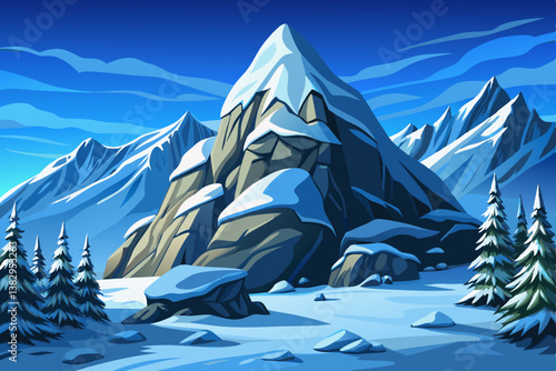 panoramic view to the majestic Matterhorn mountain illustration cartoon, snowy landscape