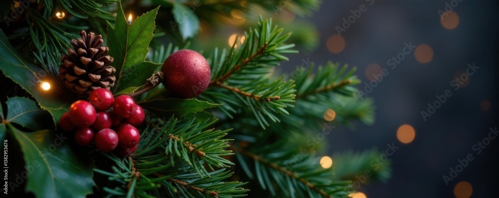 Dark brown Christmas tree branch with pinecones and holly, pinecones, forest, evergreen Dark brown Christmas tree branch with pinecones and holly, pinecones, forest, evergreen