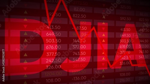DJIA stock market crash concept 4k Animation with arrows going downward and red backdrop. Market crash, inflation, stock, dow jones