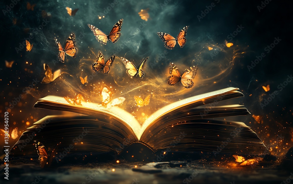 Obraz premium Magical book with glowing butterflies.
