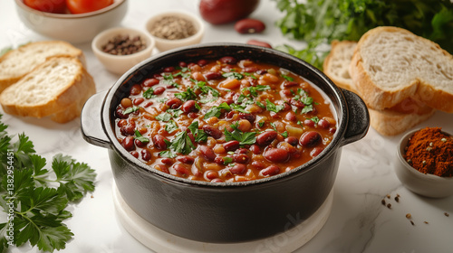 Red Kidney Bean Stew in Cast Iron Pot with Parsley on Marble