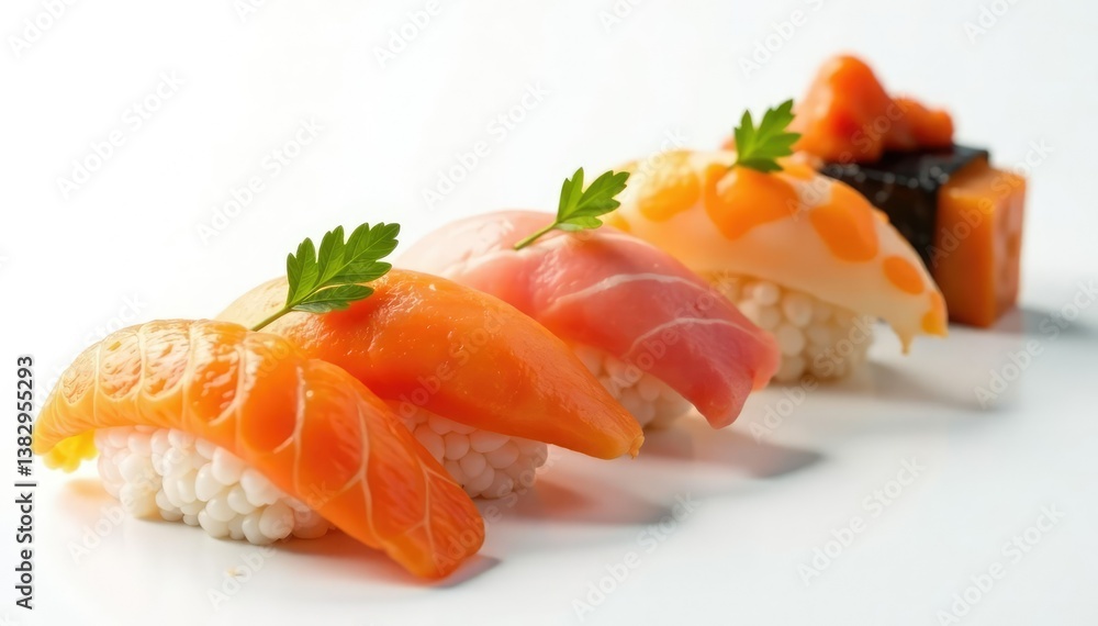Close-up of assorted sushi on white background, japanese, sashimi Close-up of assorted sushi on white background, japanese, sashimi