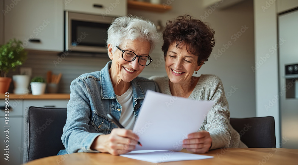 Elderly Lgbtq couple women smiling while signing documents together, showcasing love and partnership in cozy home setting Elderly Lgbtq couple women smiling while signing documents together, showcasing love and partnership in cozy home setting