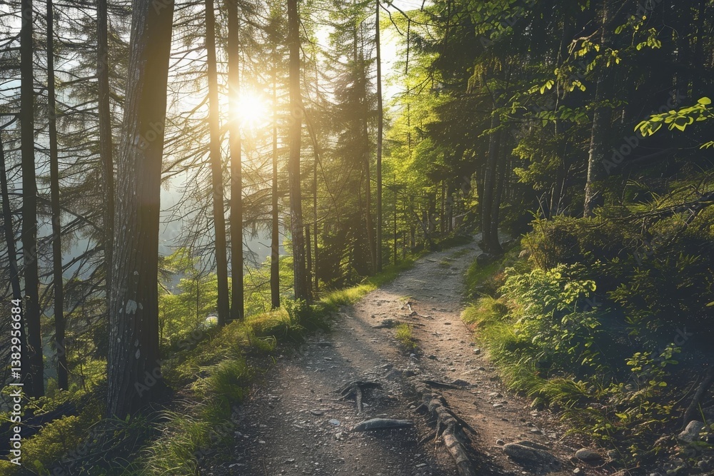 Fototapeta premium Sunlight filters through trees along a quiet forest path in the early morning hours
