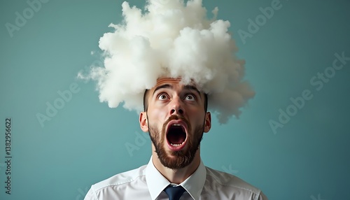 Astonished man in a business suit with a cloud of smoke coming out of his head.