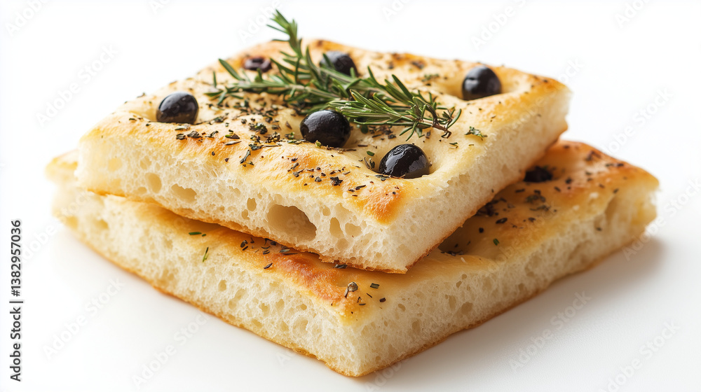 Square Focaccia Bread Stack with Rosemary Sprigs & Black Olives on White Background Square Focaccia Bread Stack with Rosemary Sprigs & Black Olives on White Background