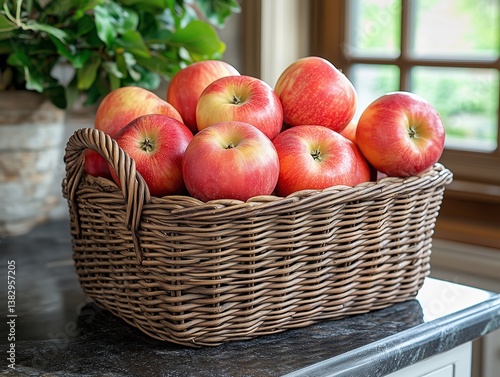 Frisch geerntete Äpfel im Korb in der Landhausküche