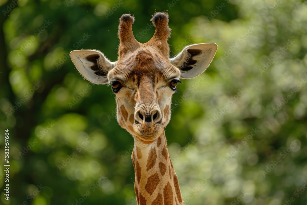 Giraffe stands gracefully in the sunlight with a blurred green background in a natural habitat during daylight hours Giraffe stands gracefully in the sunlight with a blurred green background in a natural habitat during daylight hours