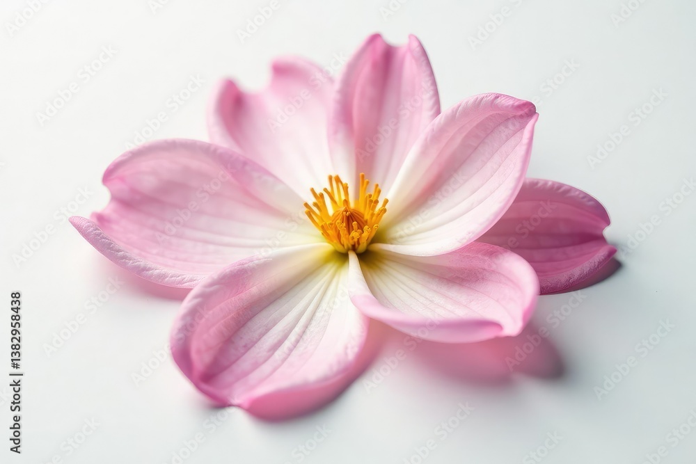Delicate flower petals unfolding on a pristine white surface, delicate, blossom Delicate flower petals unfolding on a pristine white surface, delicate, blossom