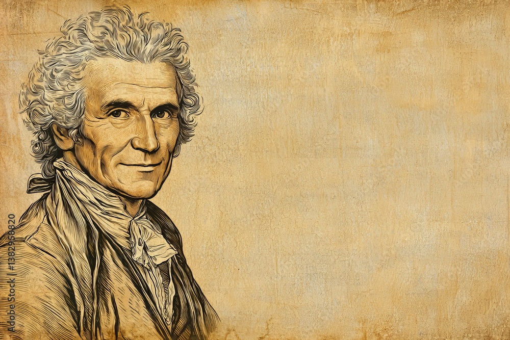 Naklejka premium Portrait of a distinguished middle-aged man with curly hair, set against a textured beige background.