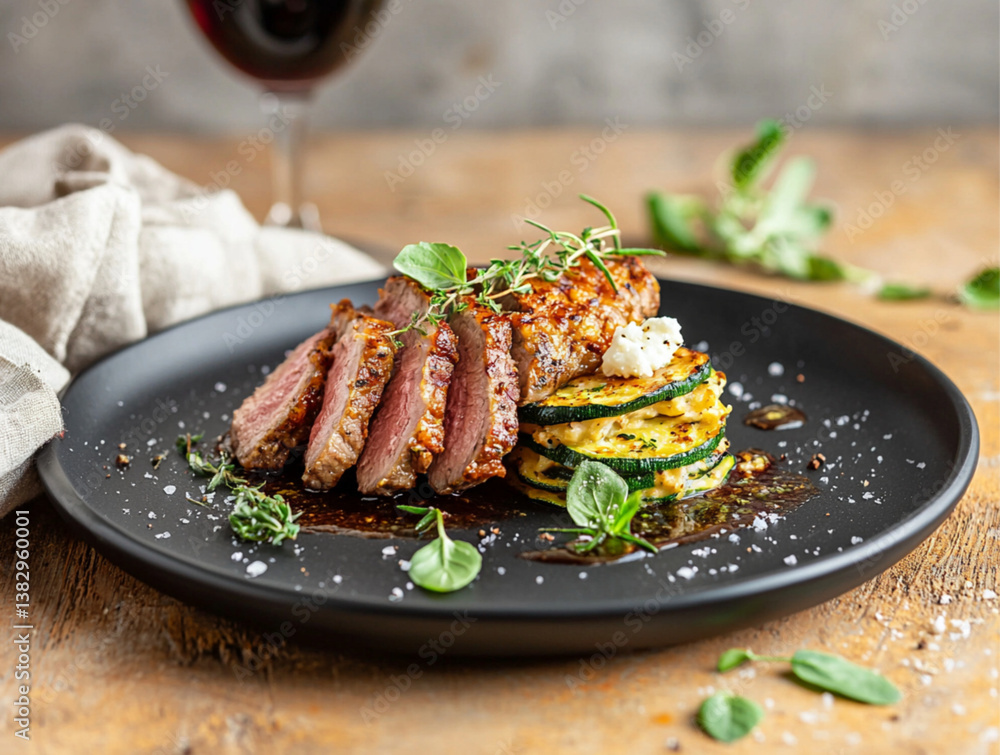 A gourmet dish of French rack of lamb, perfectly seared with a golden crust, sliced into tender, juicy pieces, served alongside a layered zucchini gratin with creamy sheep cheese, fresh basil, and sag