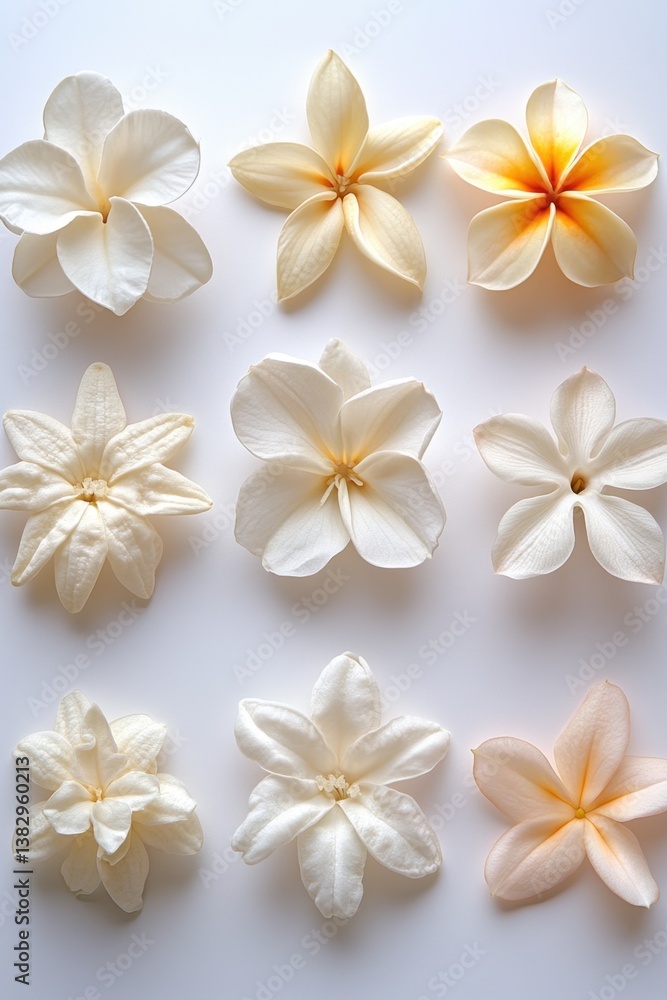 Fototapeta premium Serene arrangement of delicate white and cream plumeria blossoms on a soft white background capturing the essence of floral beauty in a minimalist style