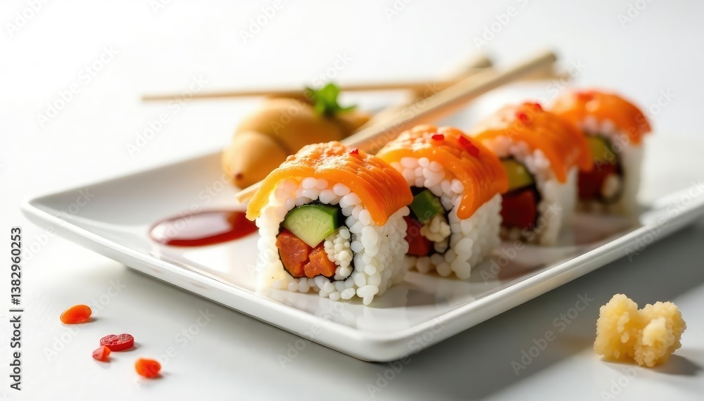 Sushi rolls, chopsticks, soy sauce, ginger, white background, elegant, presentation Sushi rolls, chopsticks, soy sauce, ginger, white background, elegant, presentation