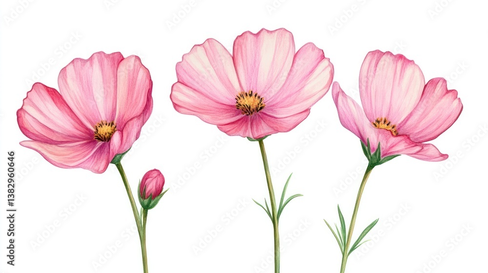 Naklejka premium Watercolor cosmos flowers, delicate pink blossoms, isolated on white. Possible use in floral design or greeting card
