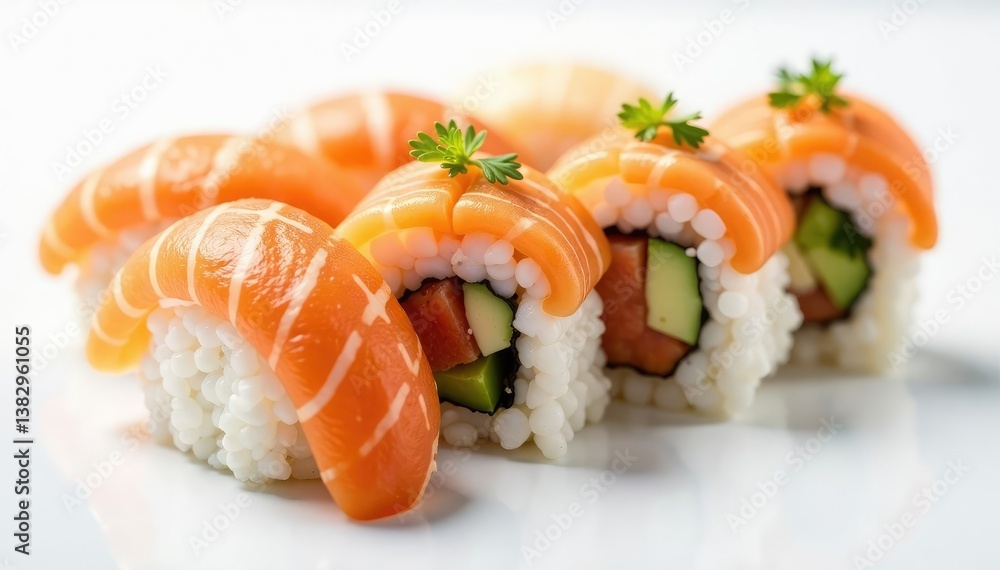Perfectly arranged sushi pieces on white background, minimal, rice Perfectly arranged sushi pieces on white background, minimal, rice