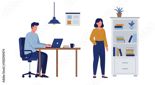 Office Scene Illustration, People Working, Bookcase