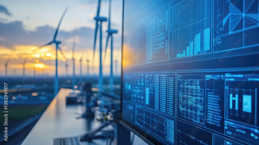 Fototapeta premium Scada system on computer screen at operator controller room for operator engineer teamwork at wind turbines power plant farm.