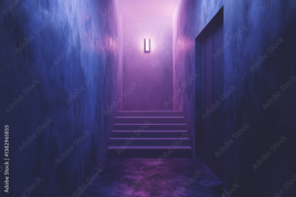 Staircase in Hallway with Elevator and Glowing Light in Purple Hues Staircase in Hallway with Elevator and Glowing Light in Purple Hues