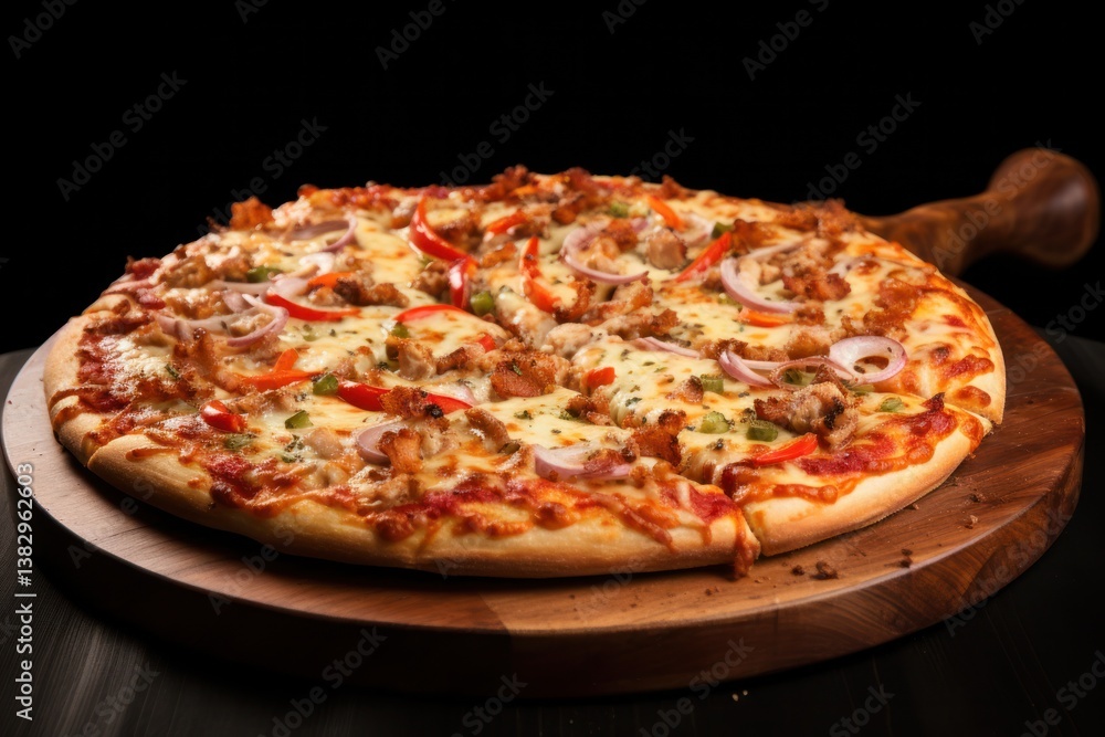 A supreme pizza with a mix of meats, vegetables, and cheese, cut into perfect slices, showing the layers of toppings A supreme pizza with a mix of meats, vegetables, and cheese, cut into perfect slices, showing the layers of toppings