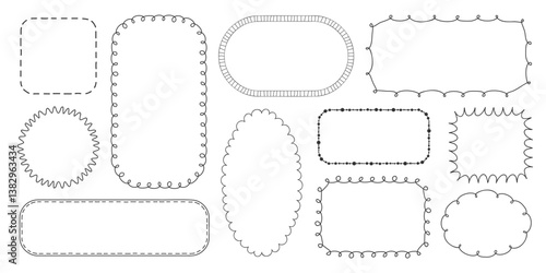 Set of Doodle vector frames with curly spiral scalloped edges. Whimsical borders in various shapes. Black line drawn frame. Great for digital art, posters, greeting cards, creative invitations 