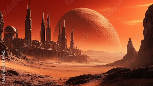  A haunting abandoned city on Mars, crumbling alien architecture under a red sky.