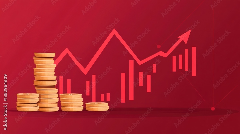 Stacked coins with increasing graph, financial growth, red background Stacked coins with increasing graph, financial growth, red background