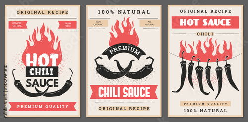 Label for hot sauce. Chili pepper. Vintage BBQ logo. Spicy seasoning cooking. Fresh red ingredient. Mexican spice stamp. Heat taste. Silhouette paprika pod. Retro design package stickers vector set