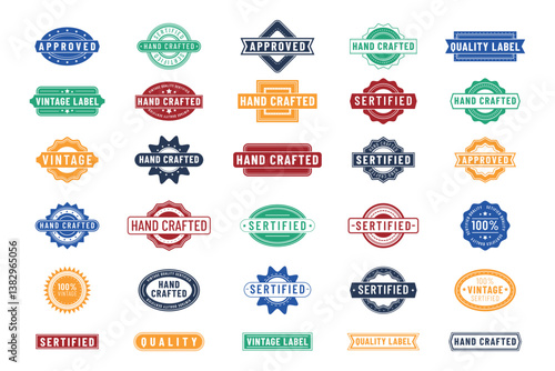 Stamp certify. Certificate seal. Hand crafted. Product sticker template. Grunge mark. Rectangular badge for quality guarantee. Accepted warranty safety. Vintage red tag. Vector garish retro labels set
