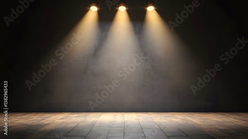 Wallpaper Mural Three spotlights illuminate a dark gray textured wall above a dark brown wooden floor. Torontodigital.ca
