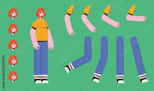 Flat style character constructor for animation. Front, Side, Back view. Separable body parts and different emotions. Simple colorful minimalistic design for advertisement, business, corporate identity