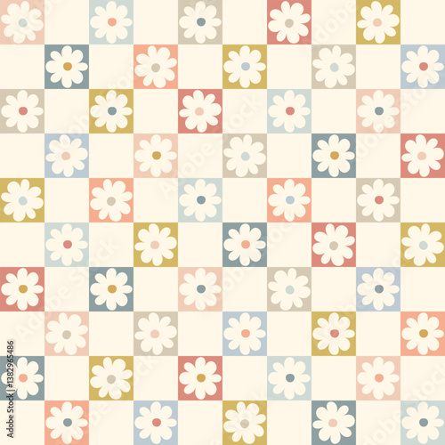 Funny checkered seamless pattern with flower in retro pastel colors. Vintage abstract floral Background. Grid texture. Template for packaging, textile, wallpaper, wrapping paper, children baby Design
