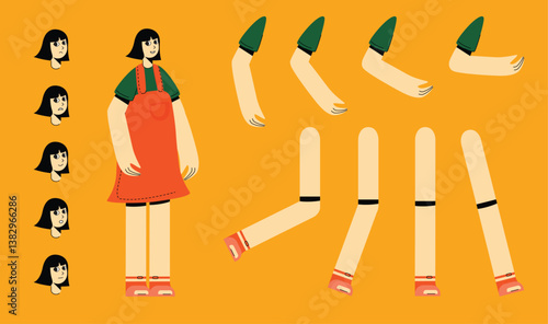 Flat style character constructor for animation. Front, Side, Back view. Separable body parts and different emotions. Simple colorful minimalistic design for advertisement, business, corporate identity