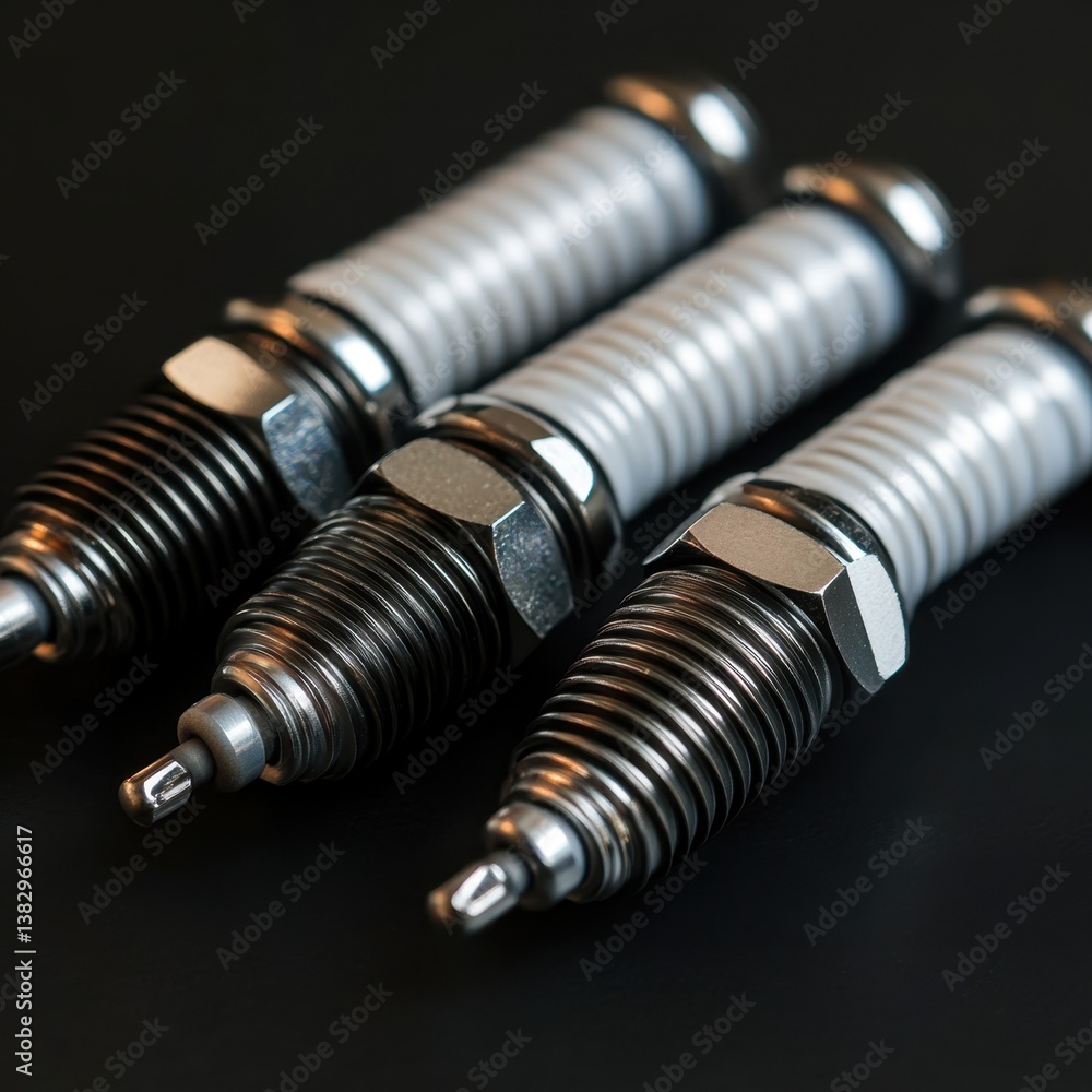 Three spark plugs arranged diagonally on a dark surface showcasing automotive engineering with precision and detail for vehicle maintenance Three spark plugs arranged diagonally on a dark surface showcasing automotive engineering with precision and detail for vehicle maintenance